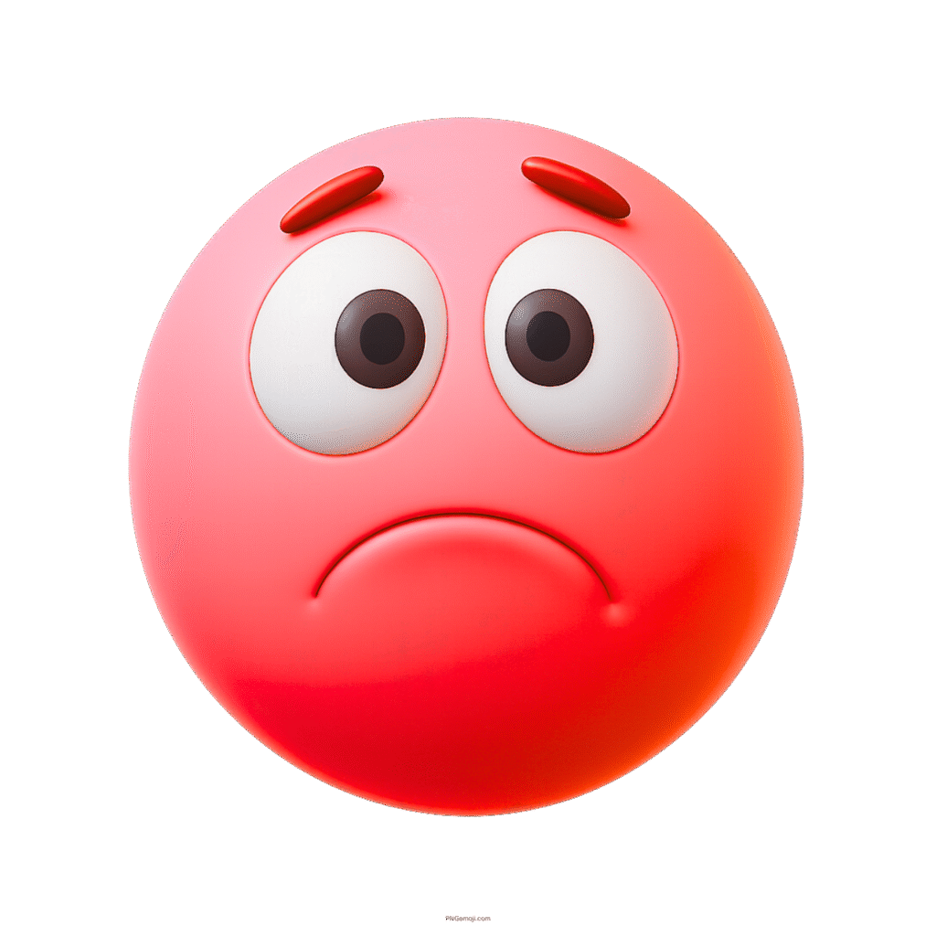 3D red sad emoji with frown and worried eyes showing frustration or concern