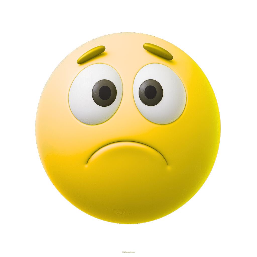 3D yellow sad emoji with worried eyes and curved frown expressing disappointment clearly