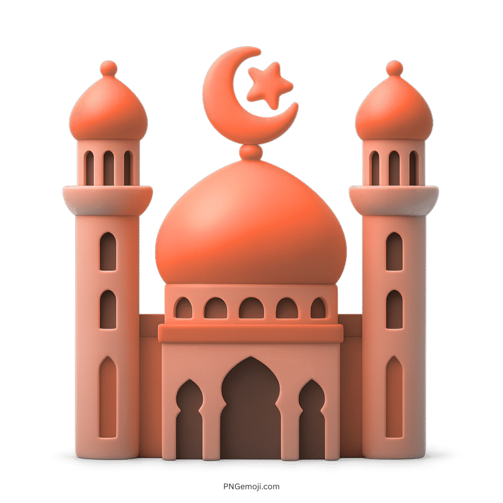 Orange 3D mosque emoji with crescent and star Islamic religious architecture icon