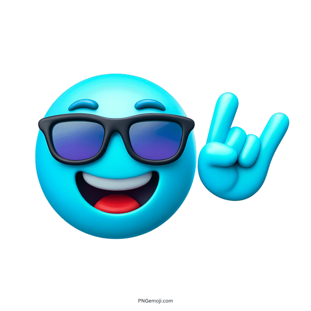 Smiling party emoji with sunglasses and rock-on hand gesture.