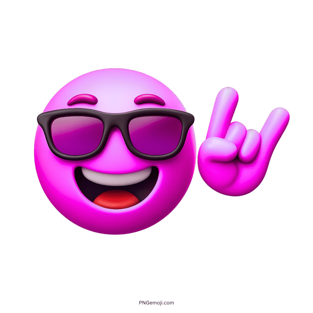 Smiling purple party emoji with sunglasses and rock-on hand gesture.