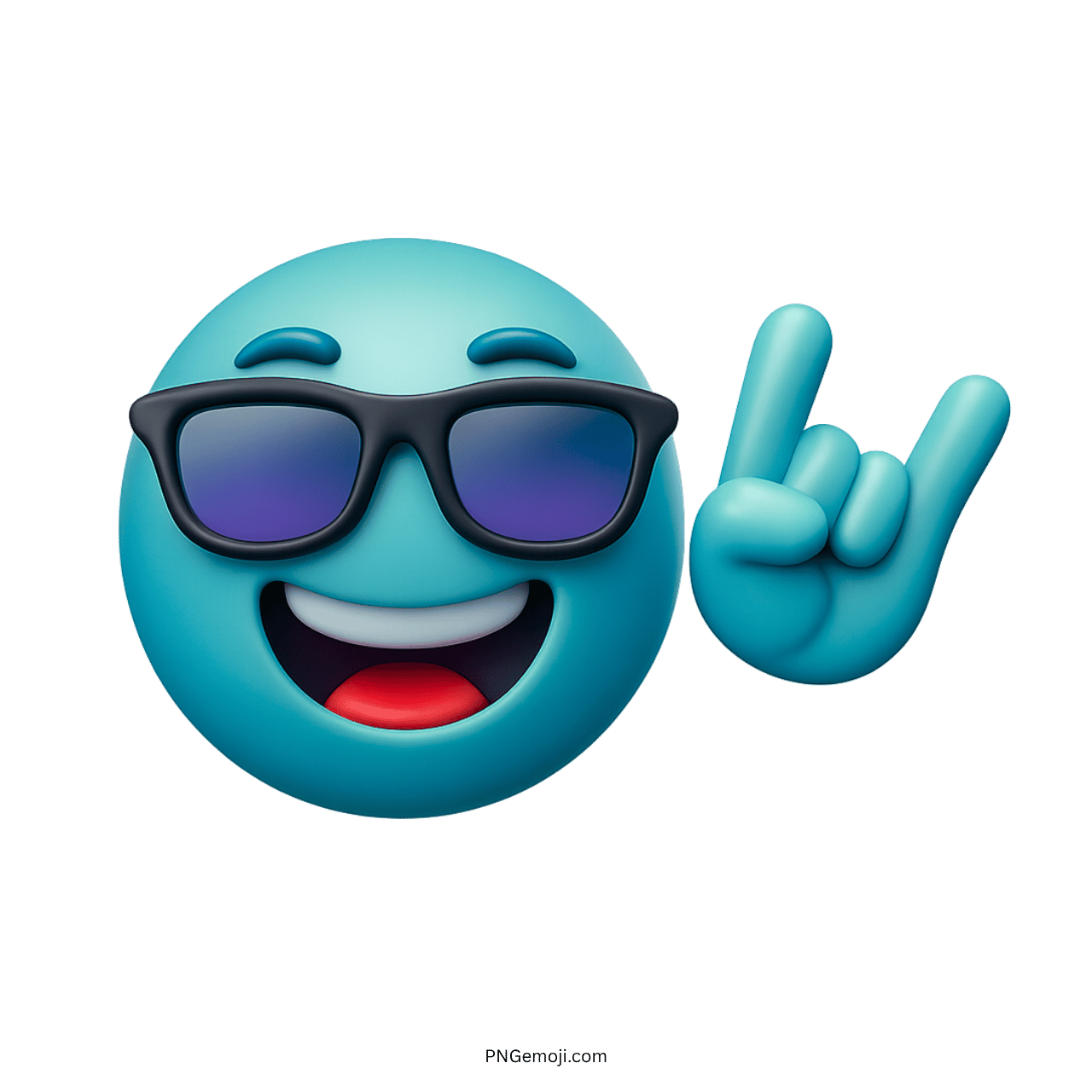 Smiling teal party emoji with sunglasses and rock-on hand gesture.x
