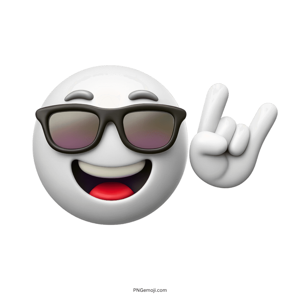 Smiling white party emoji with sunglasses and rock-on hand gesture.