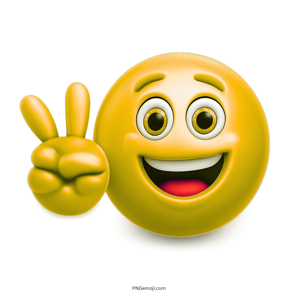 Happy smiley face emoji showing peace hand gesture with cheerful expression.