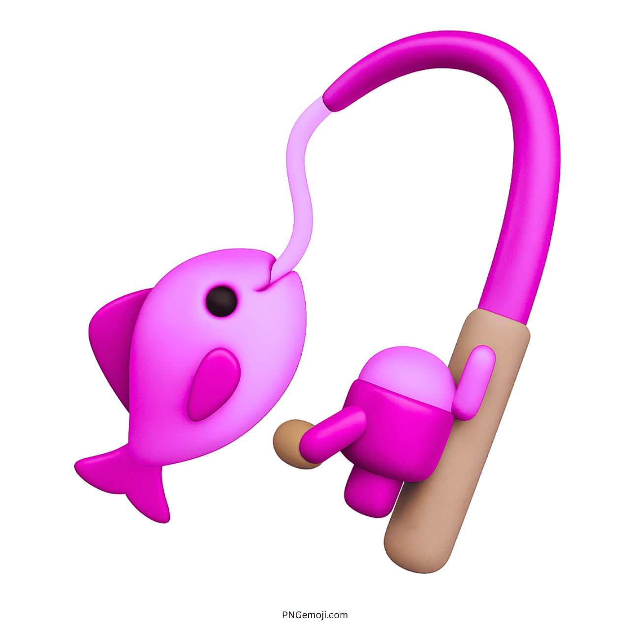 Pink 3D fishing pole emoji with hooked cartoon fish on transparent background