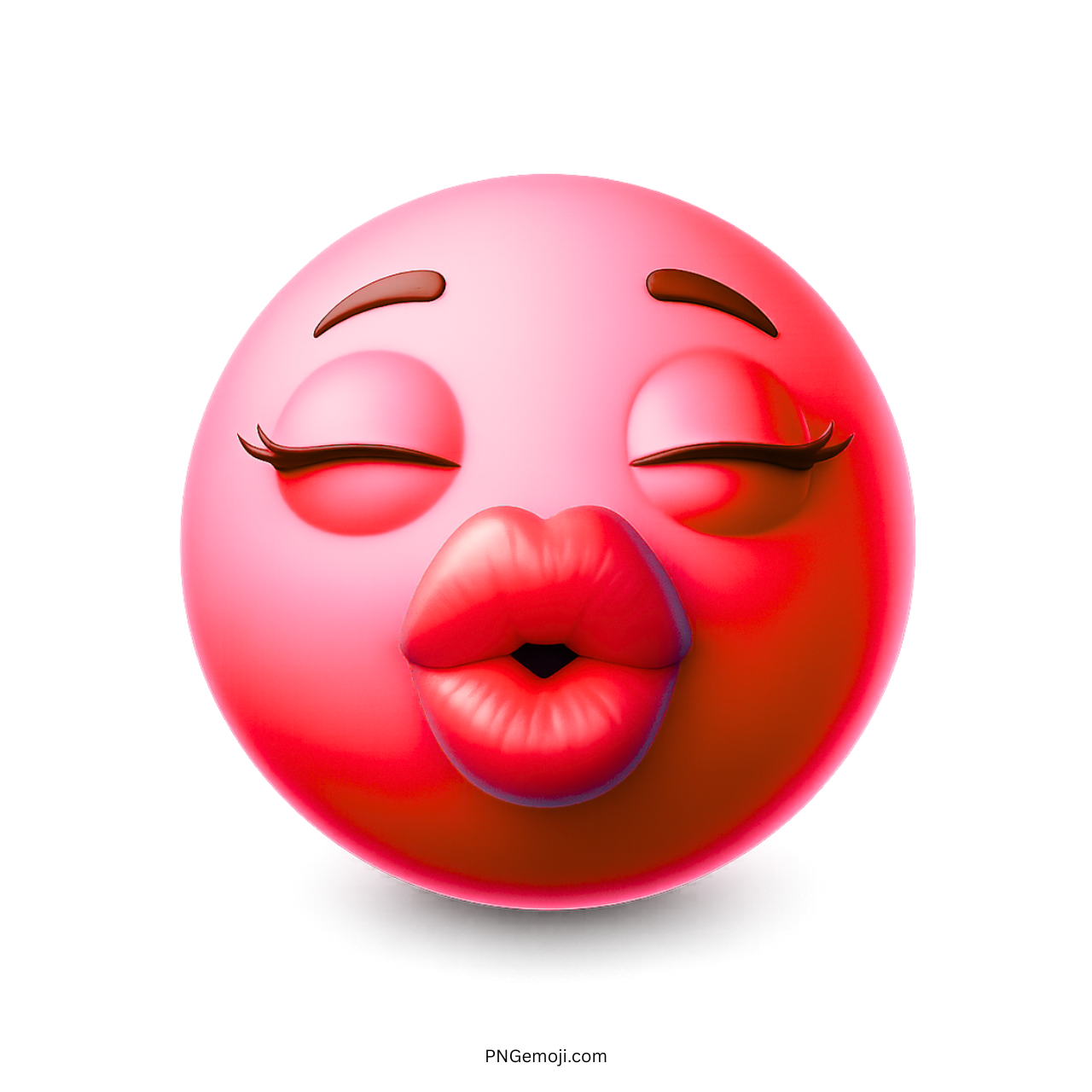 Pink 3D emoji face with red lips and closed eyes giving a romantic kiss