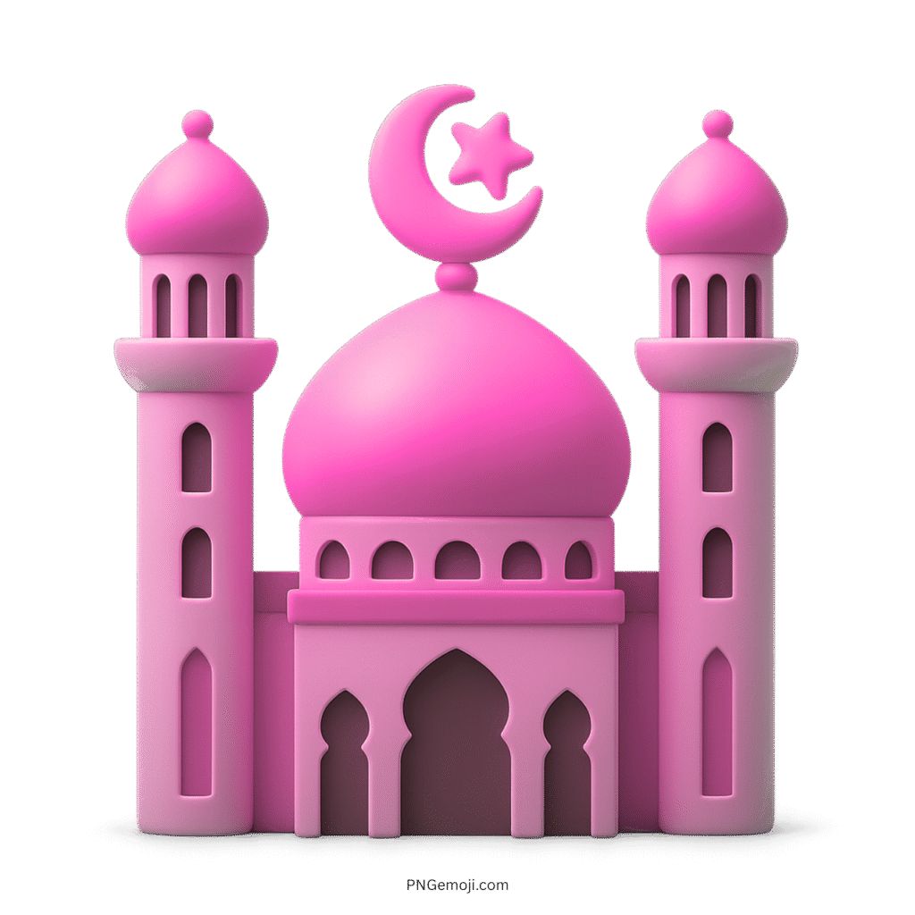 Pink 3D mosque emoji with crescent moon and star Islamic architecture icon