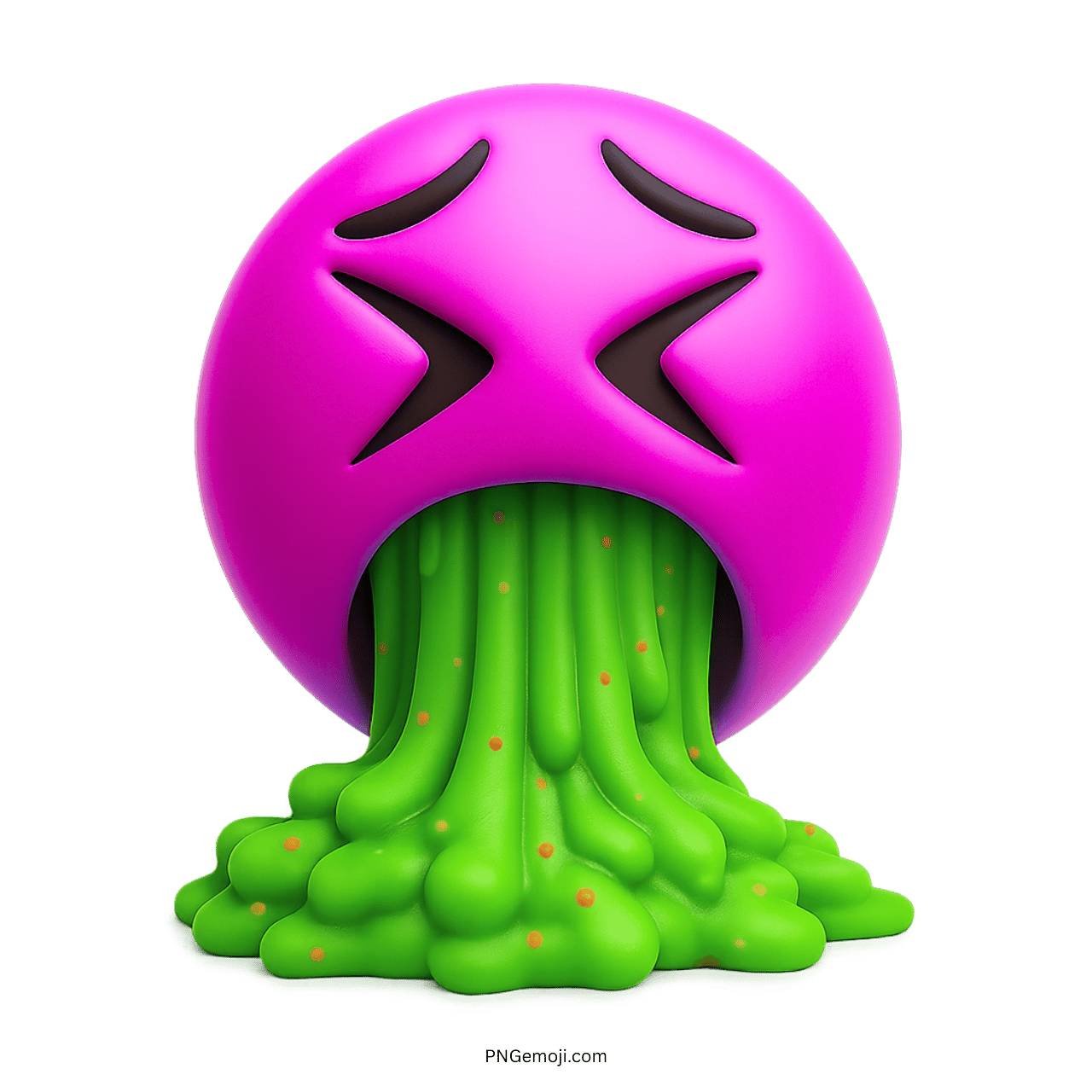 Pink 3D emoji face vomiting green slime with extreme disgust expression
