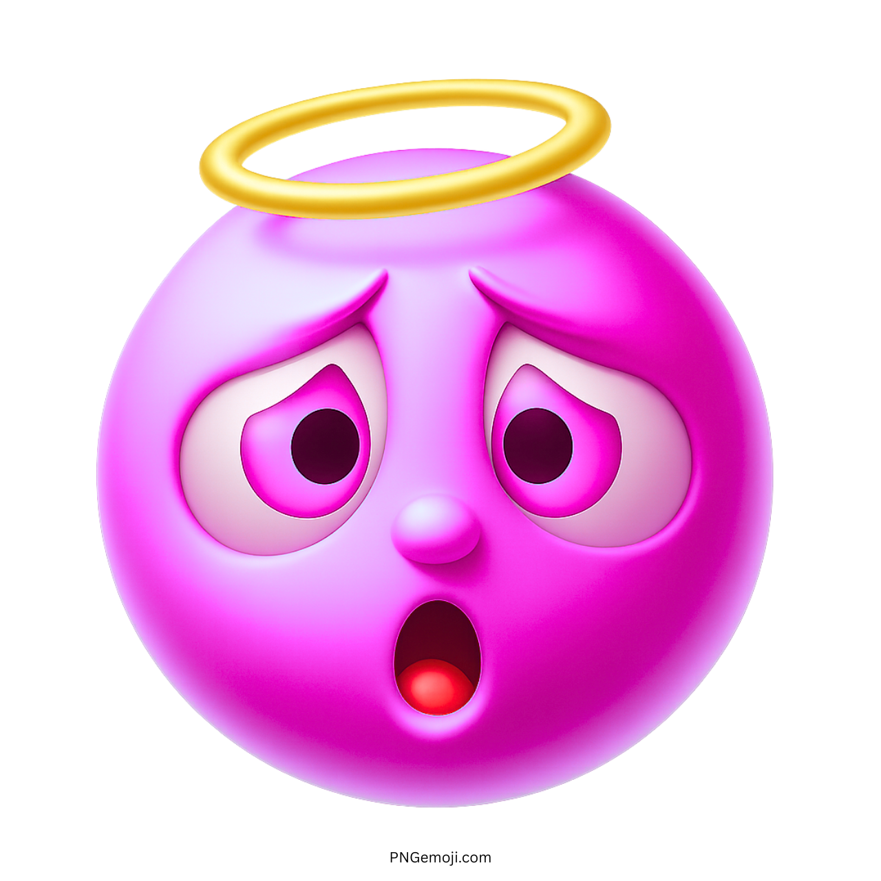3D pink angel emoji with glowing yellow halo and wide-eyed innocent expression