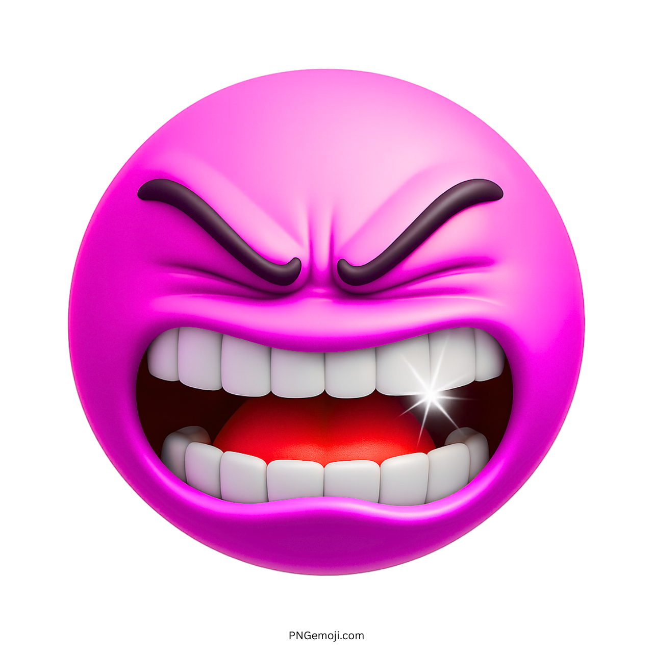 Pink 3D angry emoji with clenched teeth, sparkling mouth, and intense emotional expression