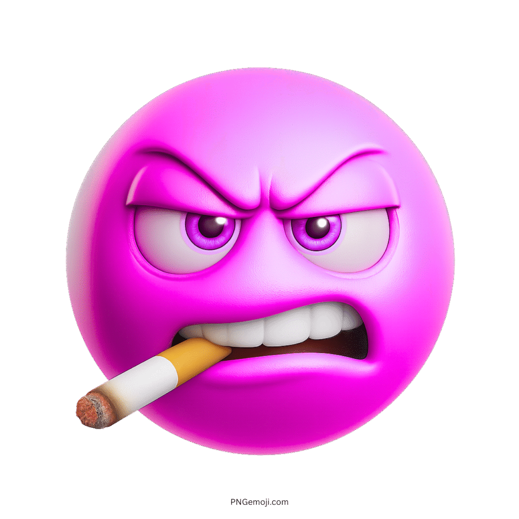 Pink 3D angry emoji face smoking cigarette with cartoon-style bold emotion