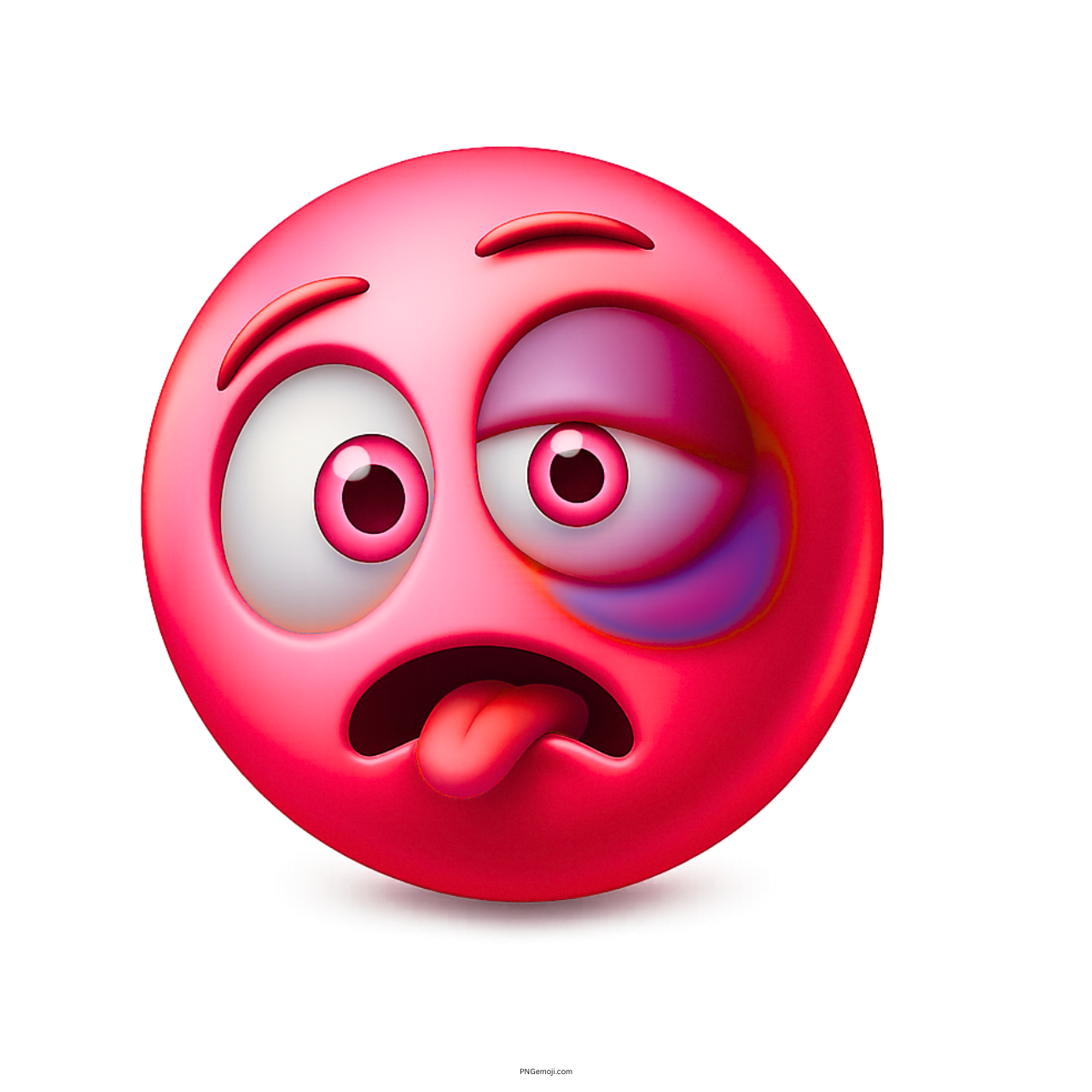 Pink emoji with bruised eye swollen cheek and tongue out funny expression