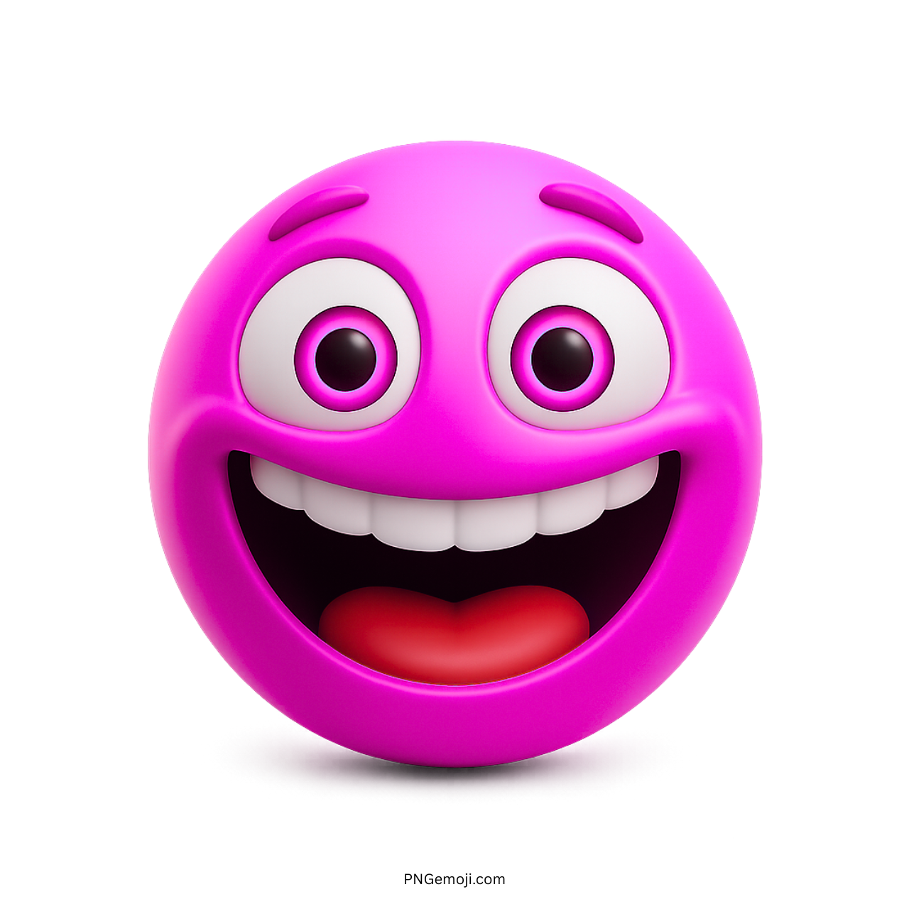 3D pink emoji with wide smile, happy cartoon eyes, and playful open mouth