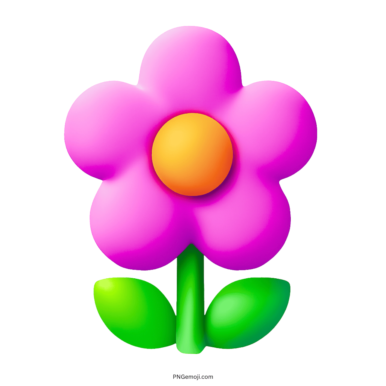 Pink blossom flower emoji with orange center and green leaves in 3D style, transparent background