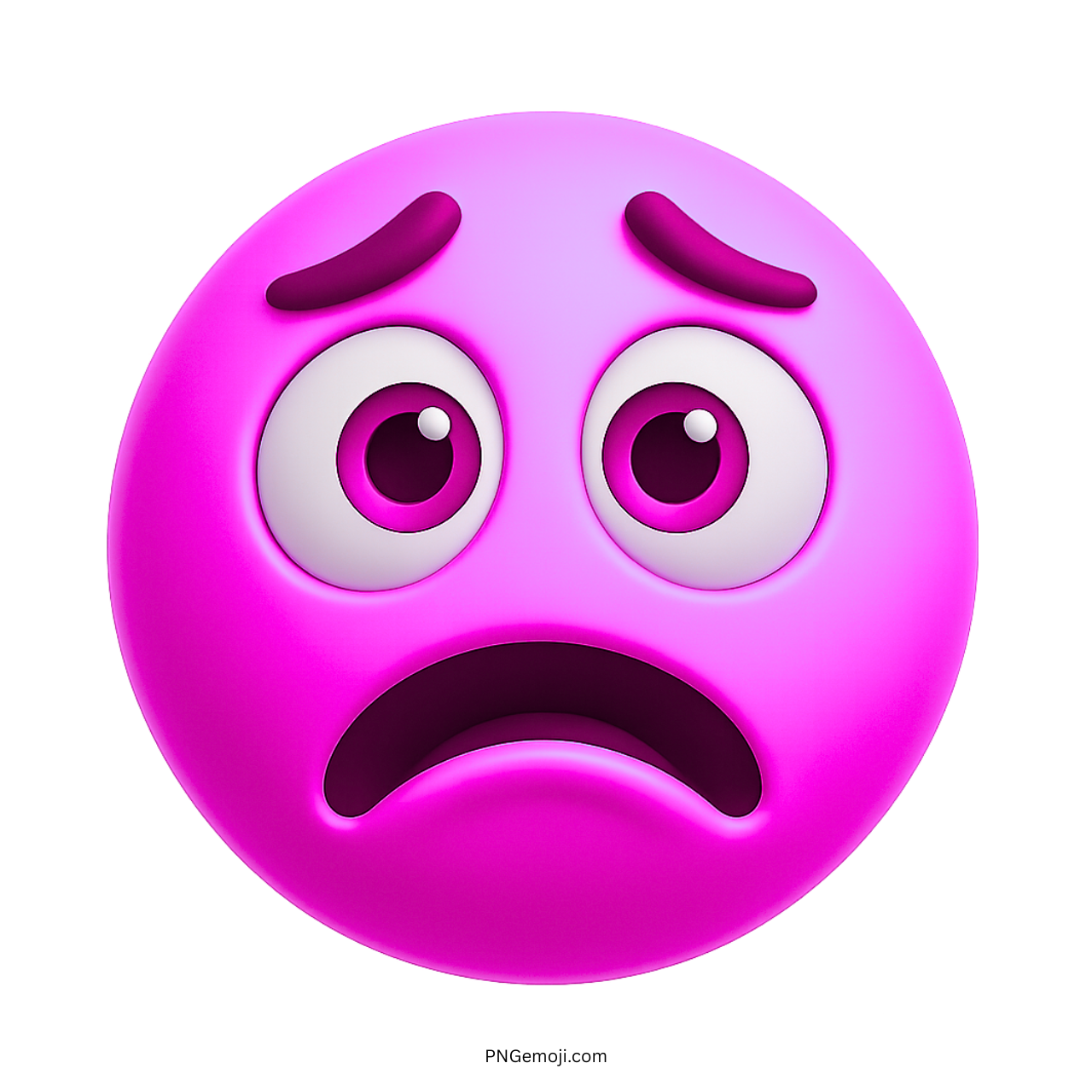 Pink bored emoji with sad eyes, curved frown, and worried facial expression