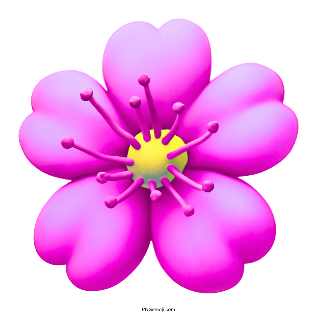 3D pink cherry blossom emoji with yellow center and delicate petals, transparent background.
