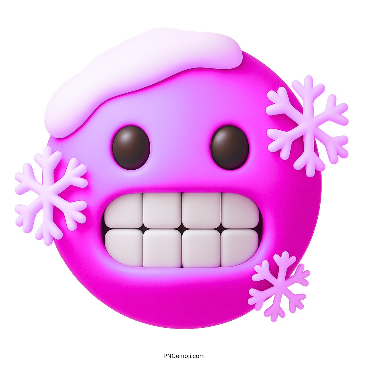 3D pink cold face emoji with snowflakes, icy teeth, and winter snow top