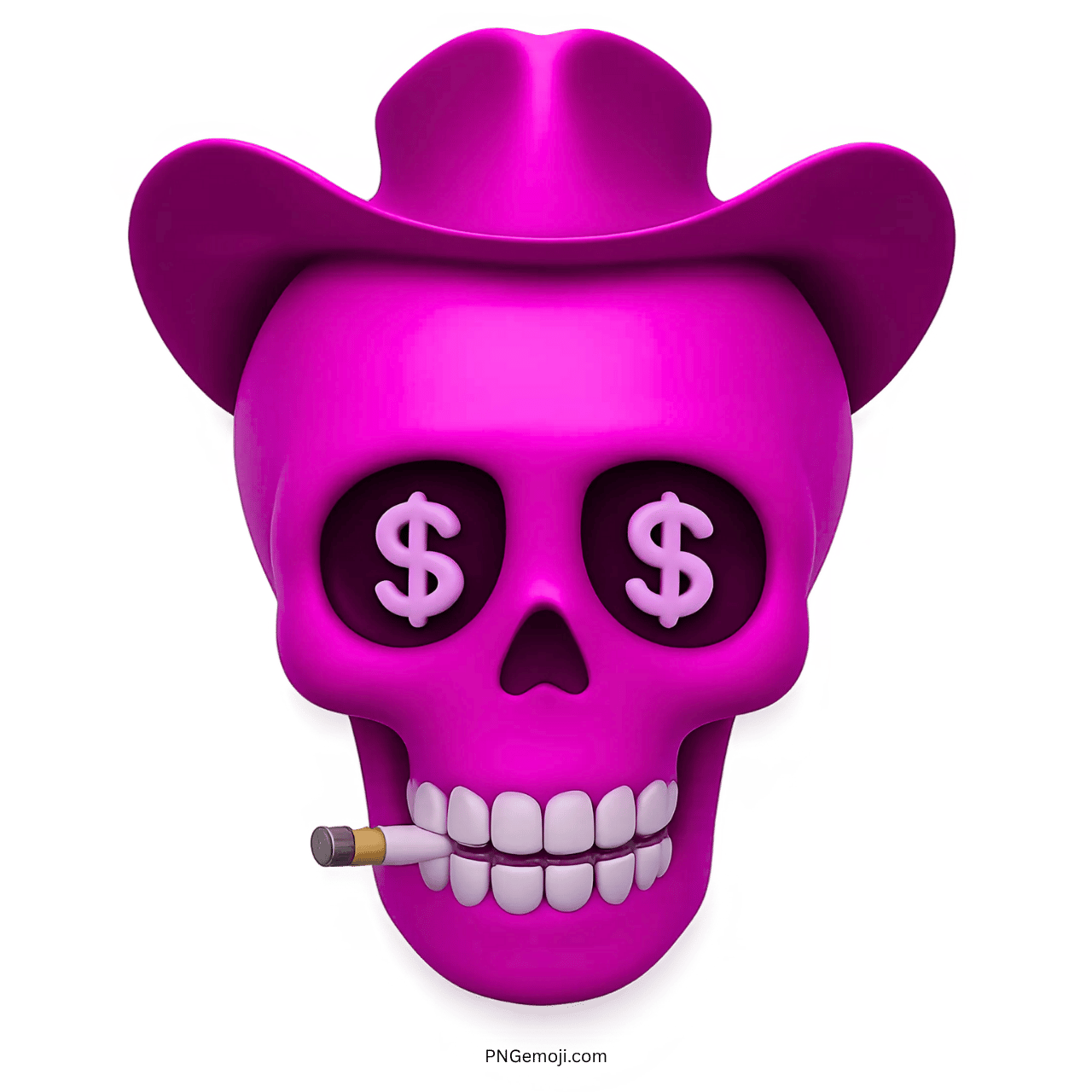 Pink skull emoji with dollar eyes, cowboy hat, and cigarette between white teeth