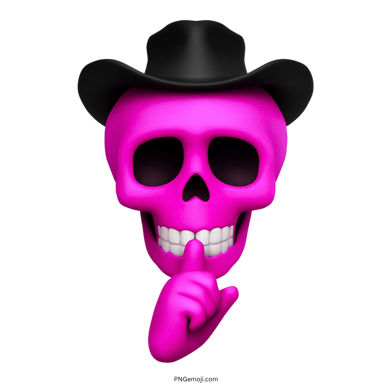 Bright pink 3D cowboy skull emoji with black hat and shushing gesture