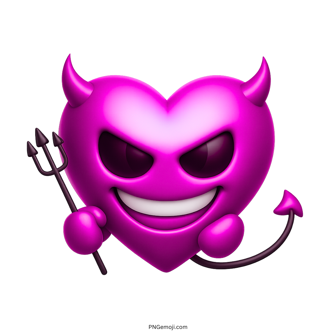3D pink devil heart emoji with horns, mischievous grin, trident, and devil tail