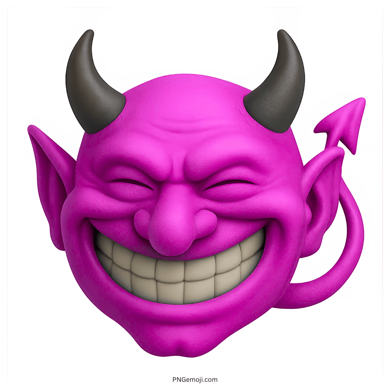Pink devil troll face emoji with big evil grin, black horns, and mischievous expression
