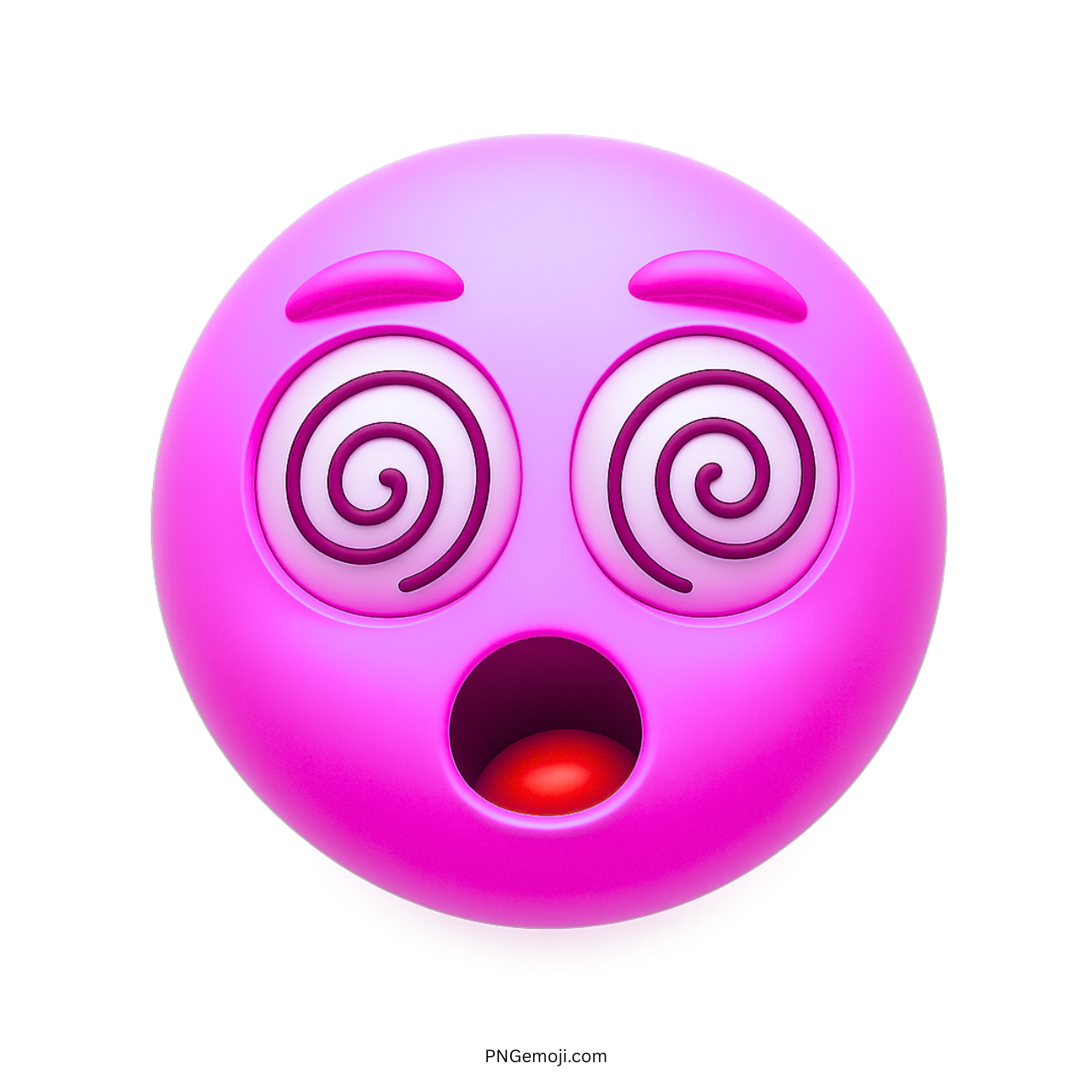 Pink dizzy emoji with spiral eyes and wide open glowing red mouth