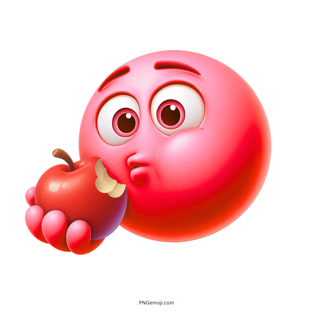 3D pink emoji biting red apple with puffed cheeks and surprised expression