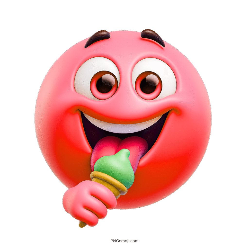 Pink emoji cartoon character happily licking colorful ice cream cone with joyful expression