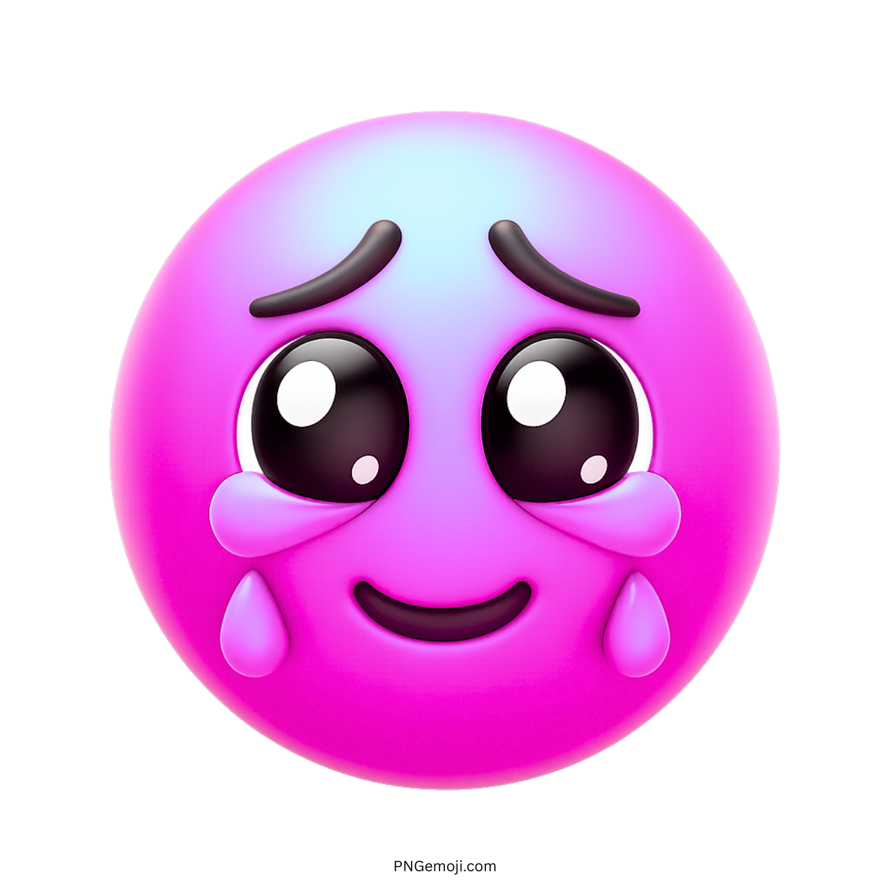 Pink emoji face with glossy eyes and tears holding back sweet emotion