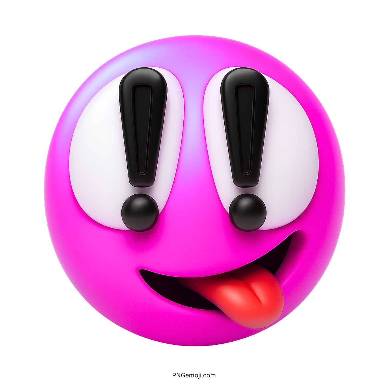 Pink emoji face with exclamation mark eyes and tongue out playful expression