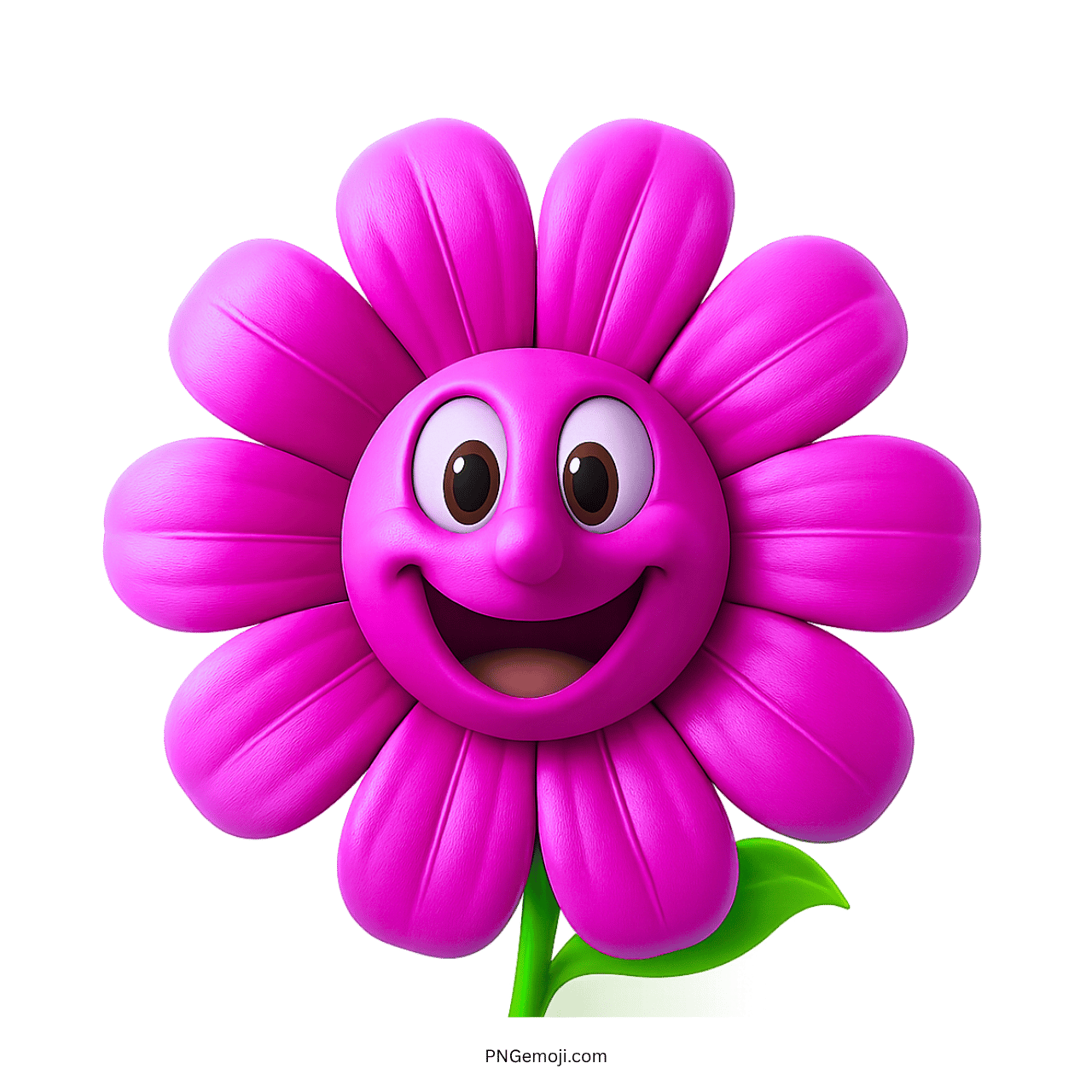 Pink smiling flower emoji with a happy face and green leaf.