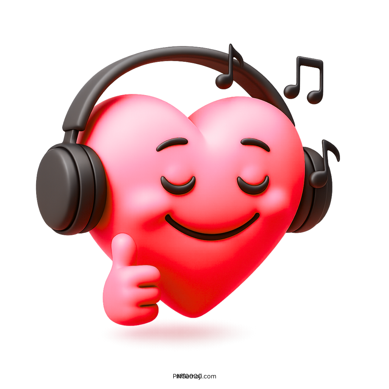 3D pink heart emoji with headphones enjoying music and showing thumbs up