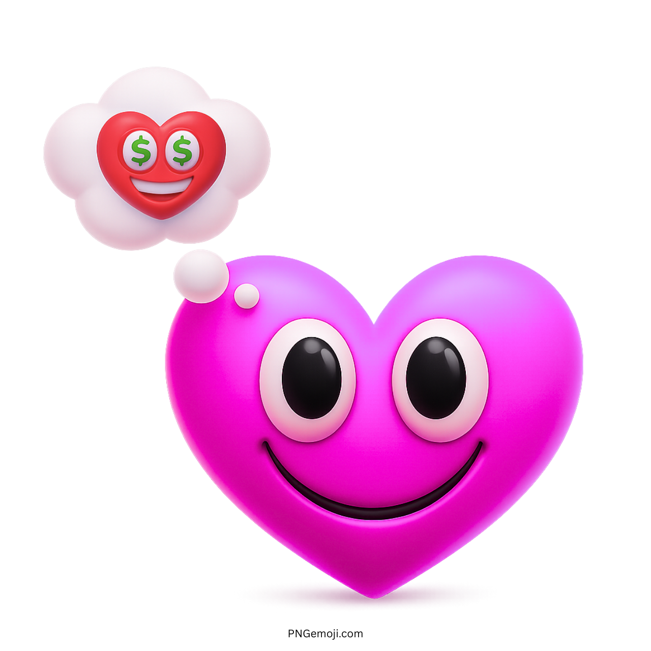 Pink heart emoji smiling and dreaming of love and money in thought cloud