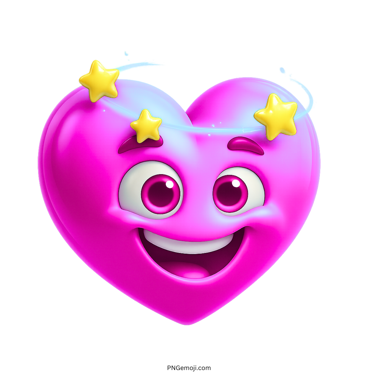Pink heart emoji with big eyes, smiling face, and swirling yellow stars above head