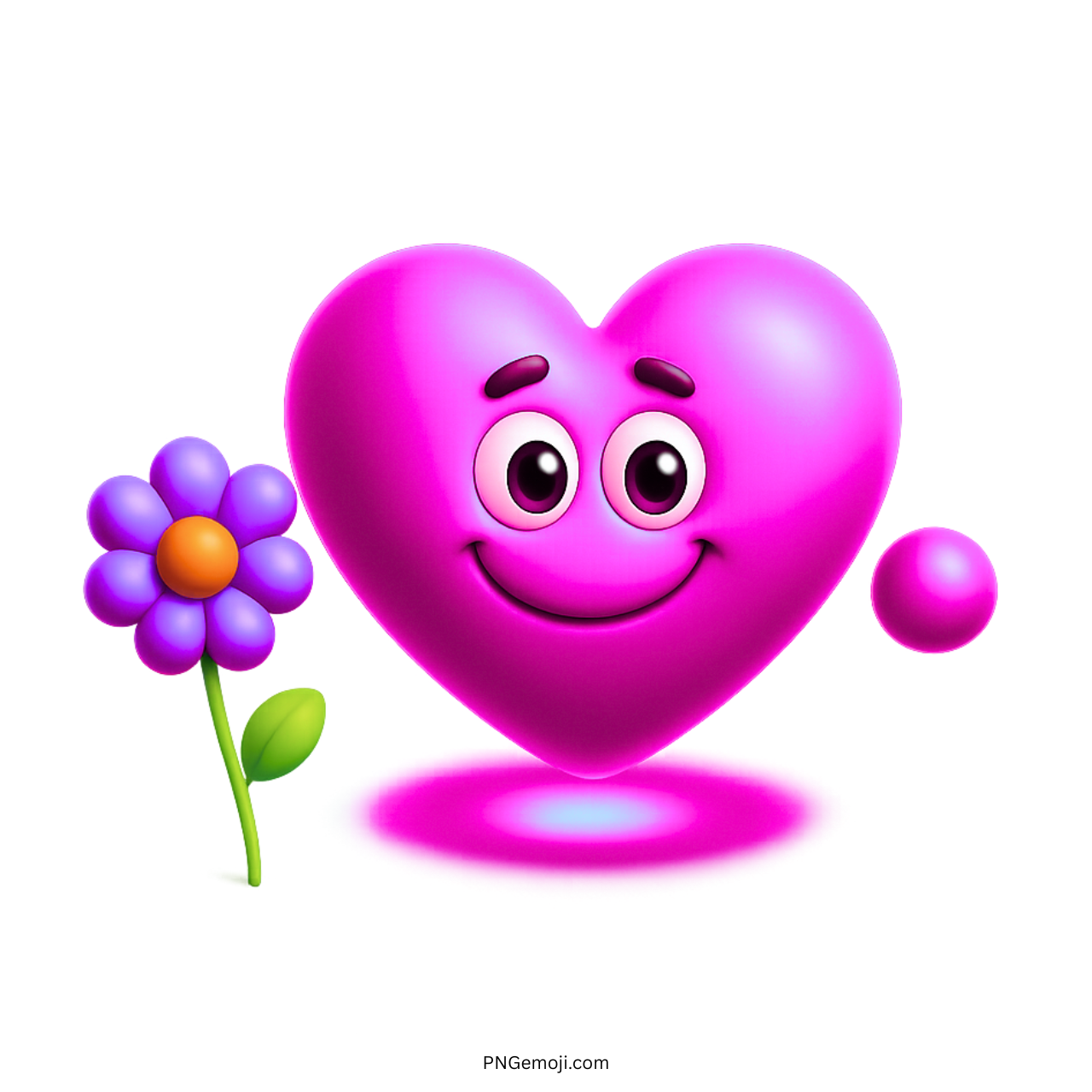 Smiling pink heart emoji with purple flower and expressive cartoon face