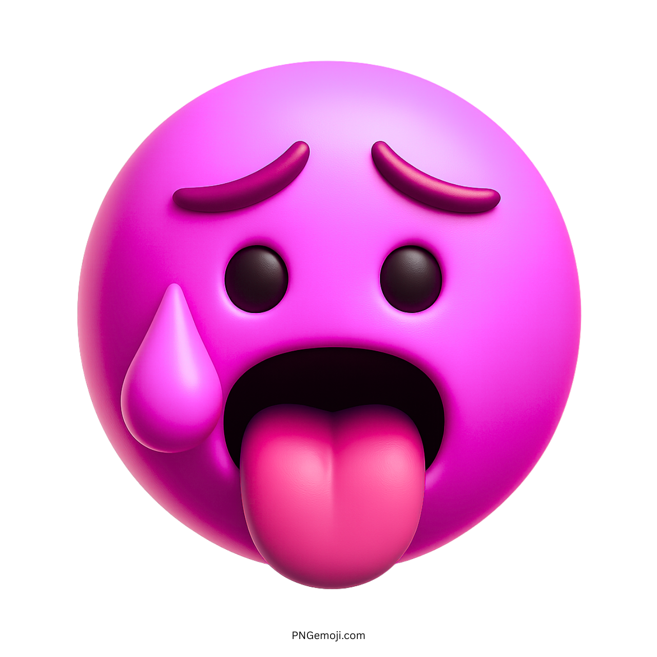 Pink 3D hot face emoji with sweat and tongue out cartoon style