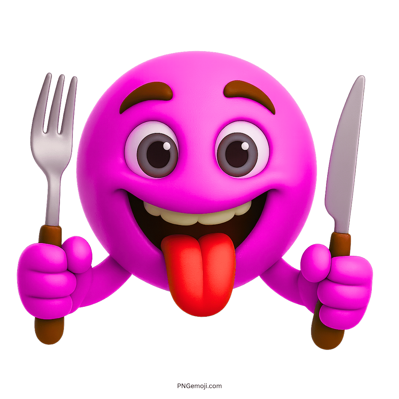 Pink hungry emoji smiling with tongue out while holding fork and knife