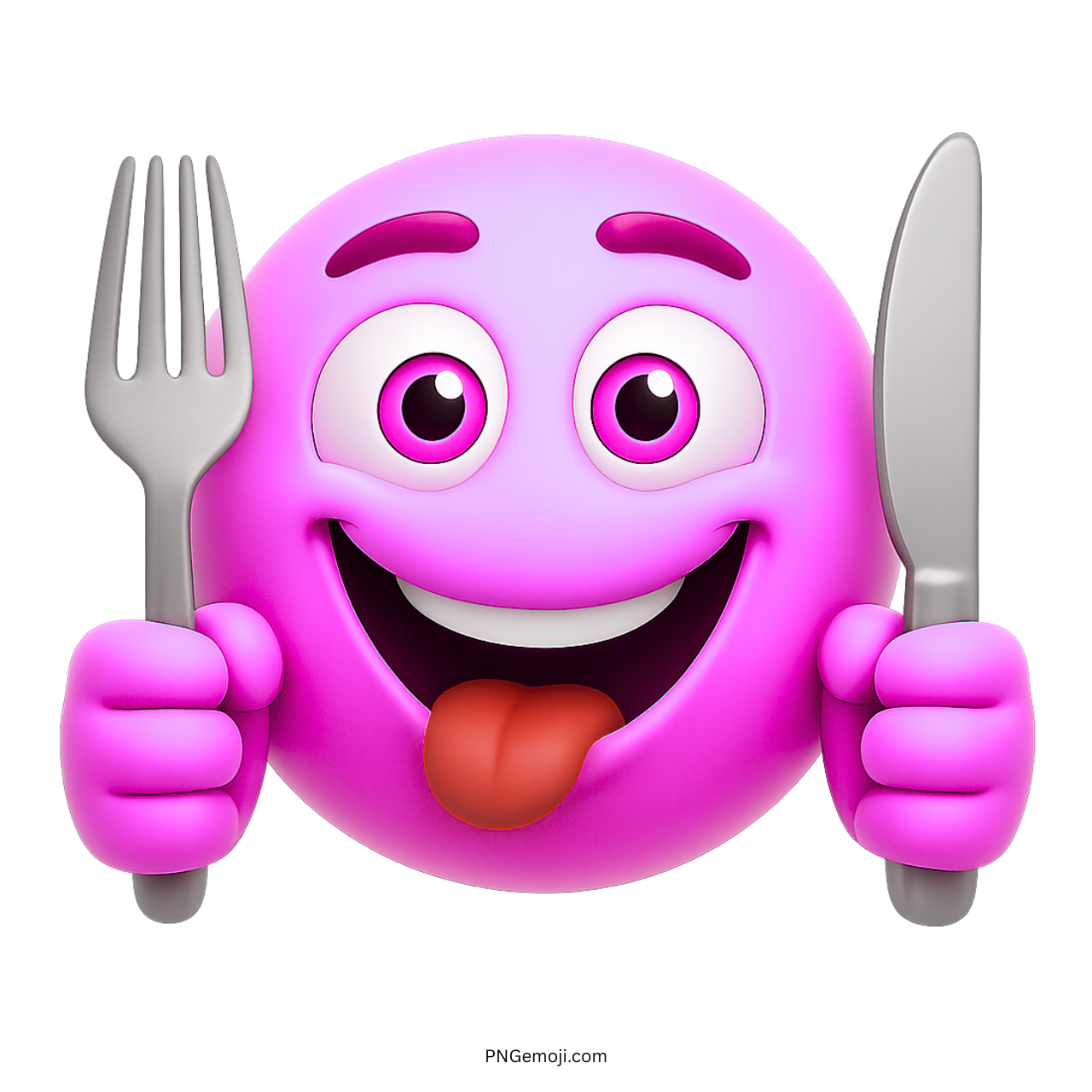 Pink hungry emoji with fork and knife smiling and tongue out in food anticipation