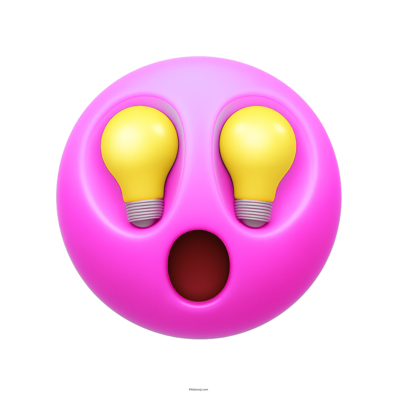 Pink emoji face with lightbulb eyes and shocked mouth expressing brilliant idea moment