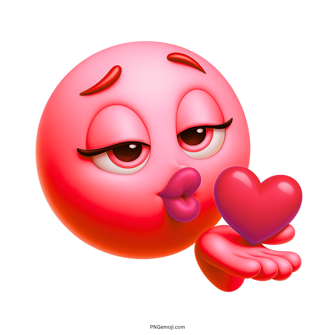3D pink emoji blowing kiss with red heart, romantic flirty emoticon design