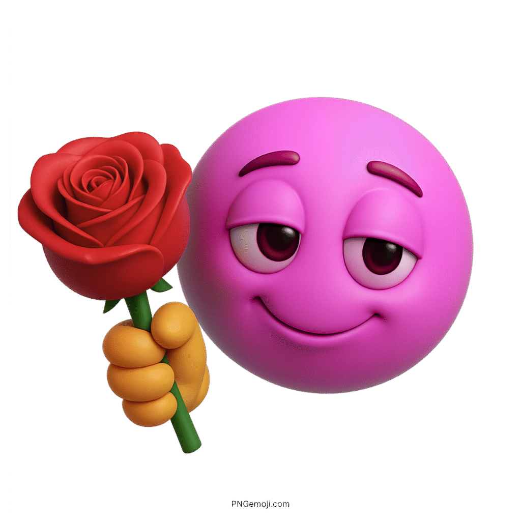 Pink 3D emoji holding red rose with sweet, flirty and romantic expression