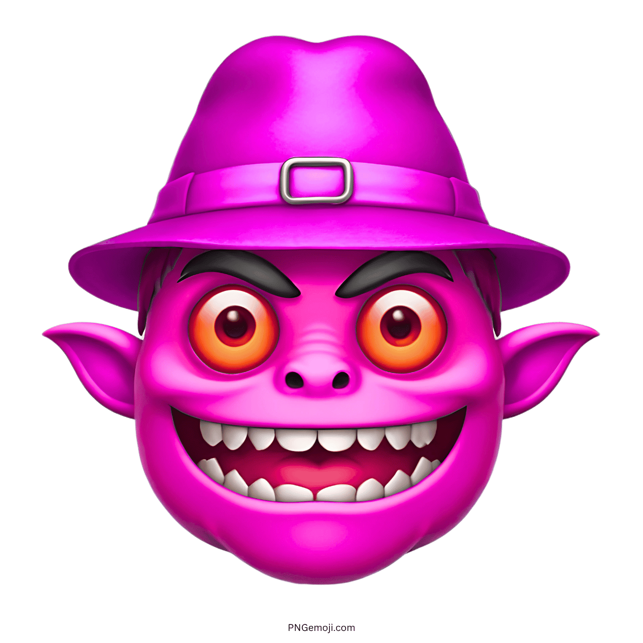 Pink monster with red eyes, wide grin, and pink hat, emoji character.