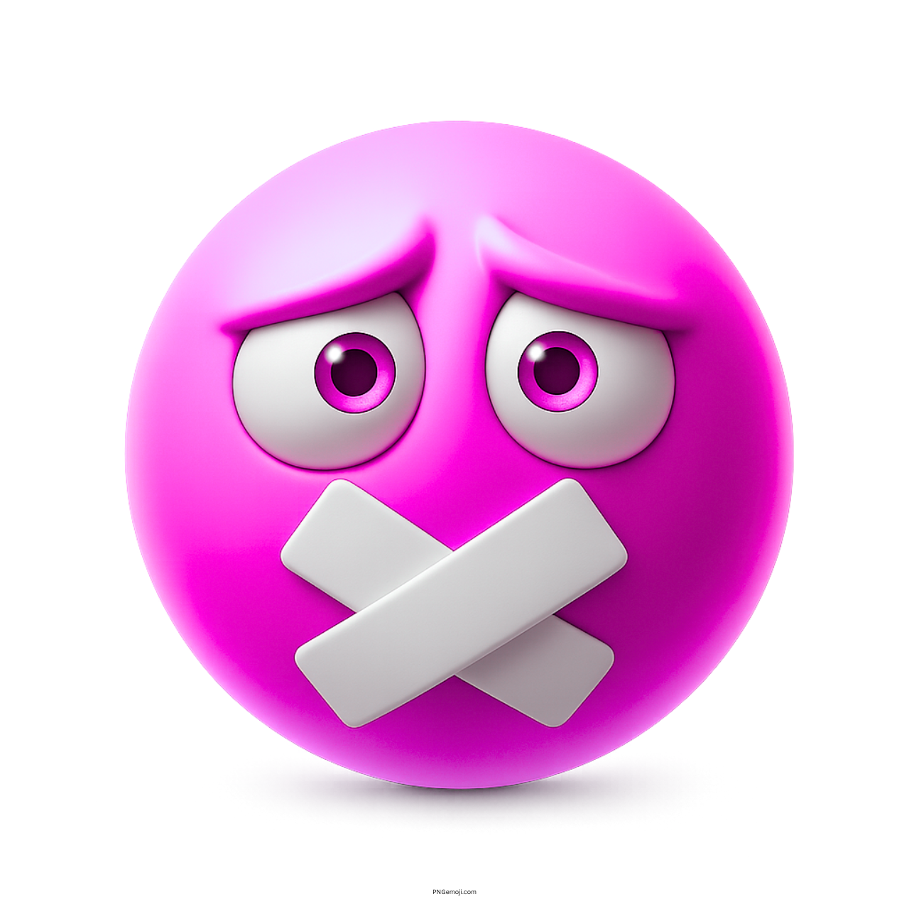 Pink muted emoji with worried eyes and crossed white tape on mouth