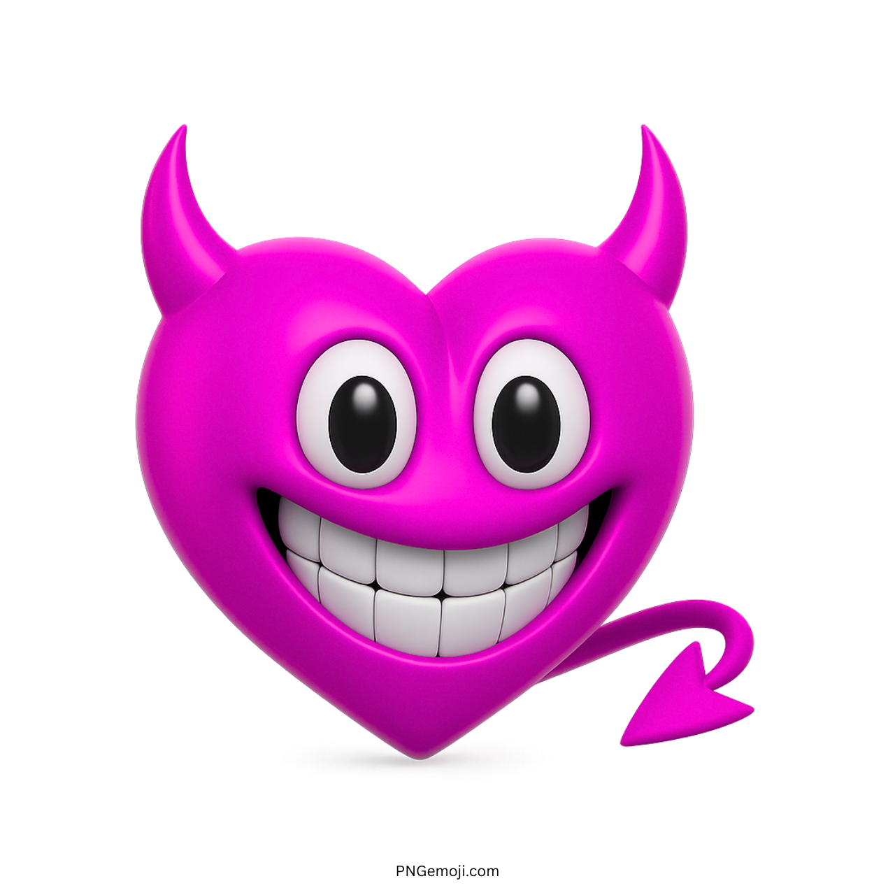 3D pink heart emoji with devil horns, playful grin, and twisted pointed tail