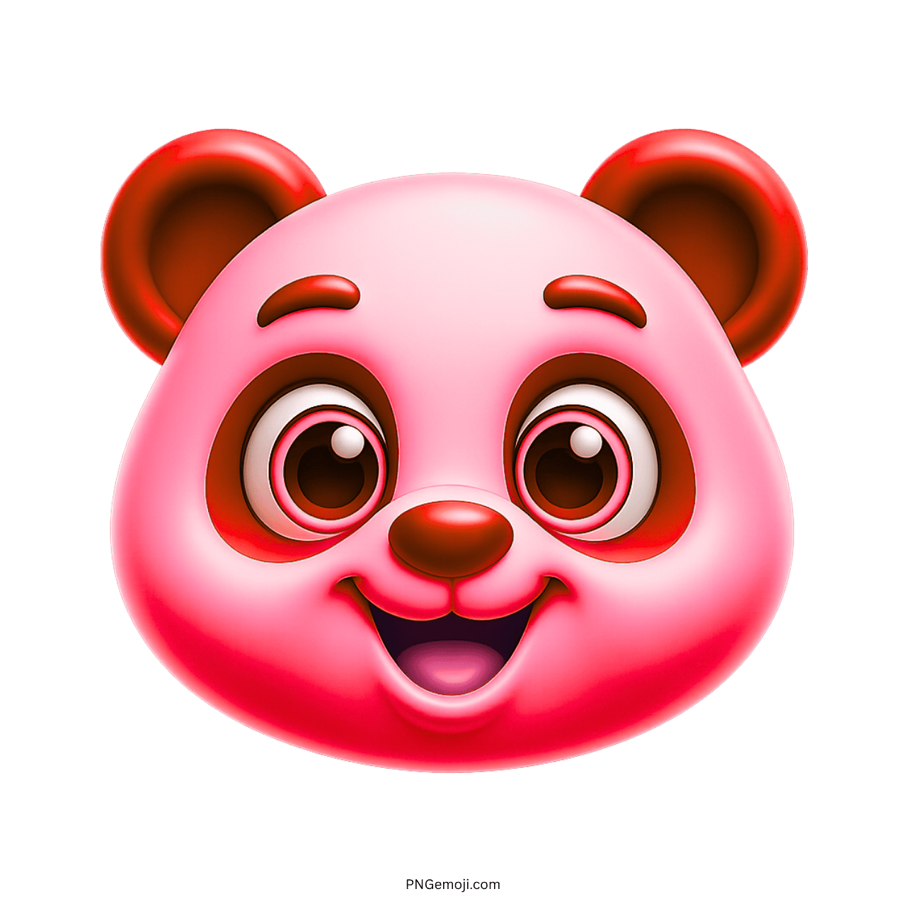 Cute pink panda face emoji with big brown eyes, cartoon style, smiling happily, red ears, vibrant colors, cheerful expression.
