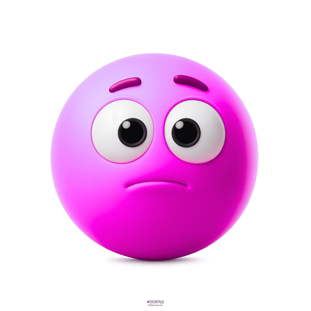 Pink-purple 3D appalled emoji with wide black eyes and mild frown
