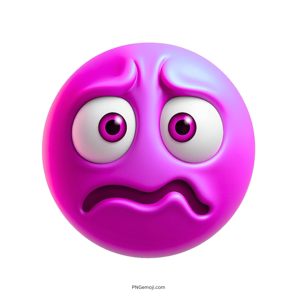 Pink-purple 3D emoji with wide eyes and wrinkled brows expressing stress or anxiety