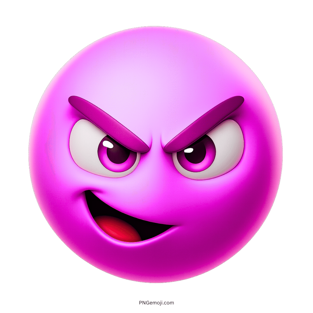 Pink-purple emoji with sly grin and sharp eyes in 3D mischievous style
