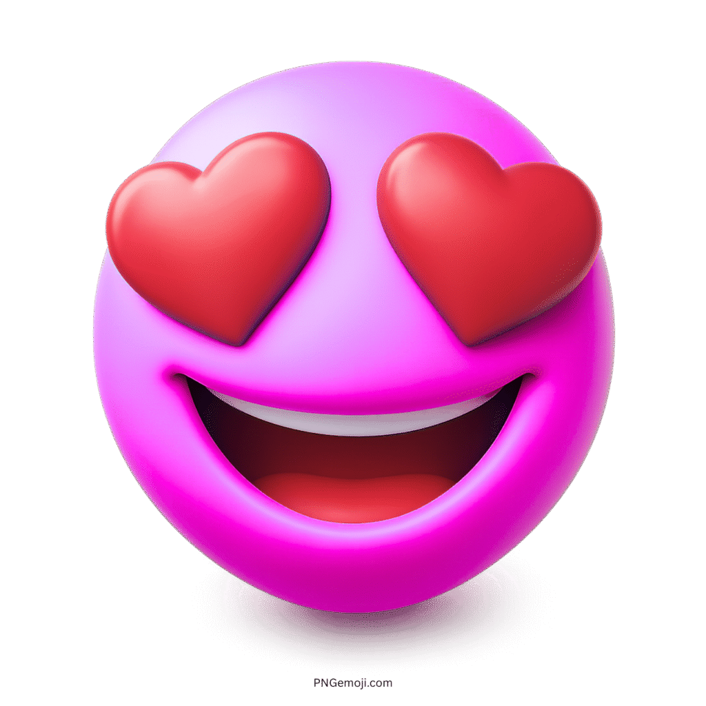 Bright pink-purple 3D emoji with heart eyes and wide smile showing excitement.