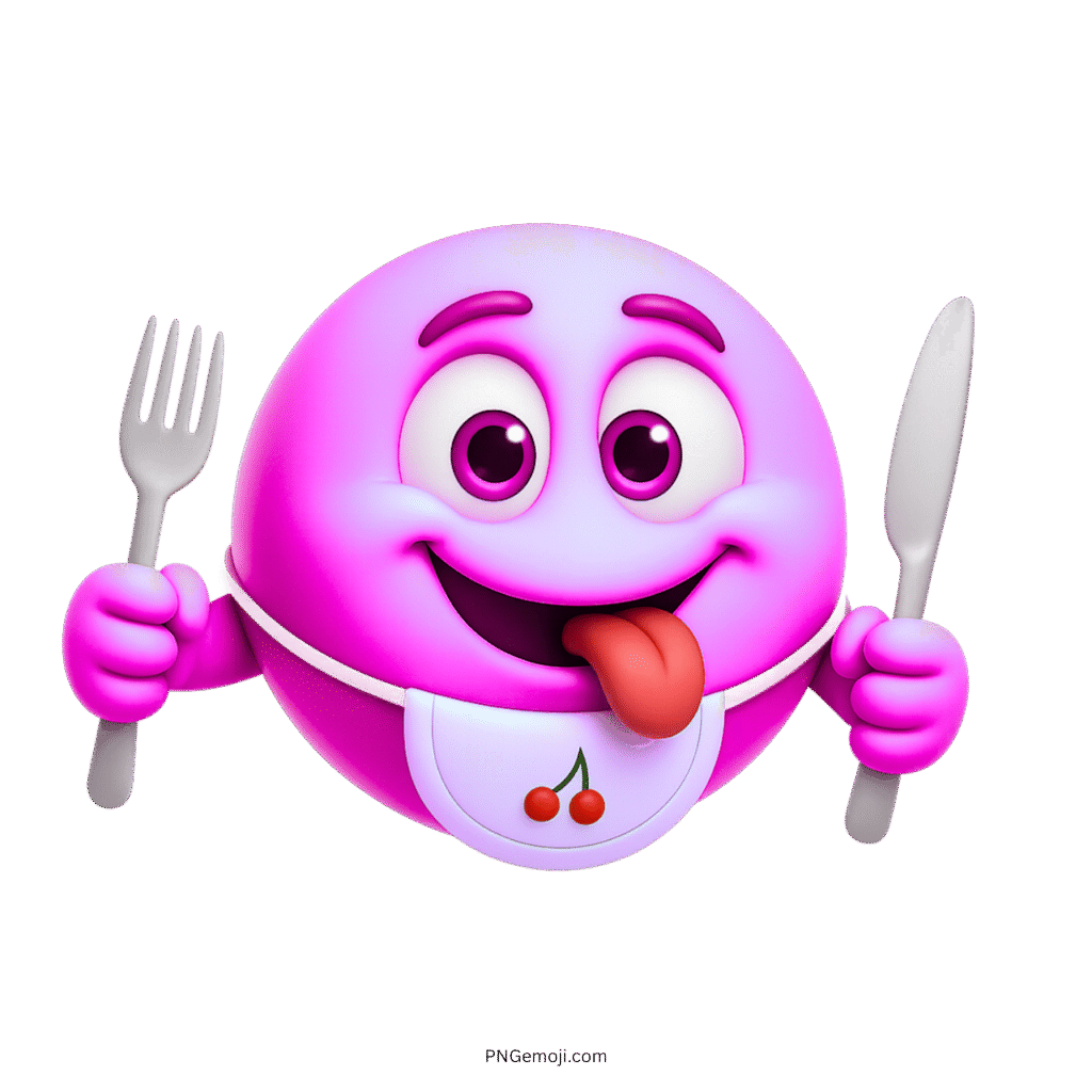 Pink purple emoji with fork, knife, tongue out and bib